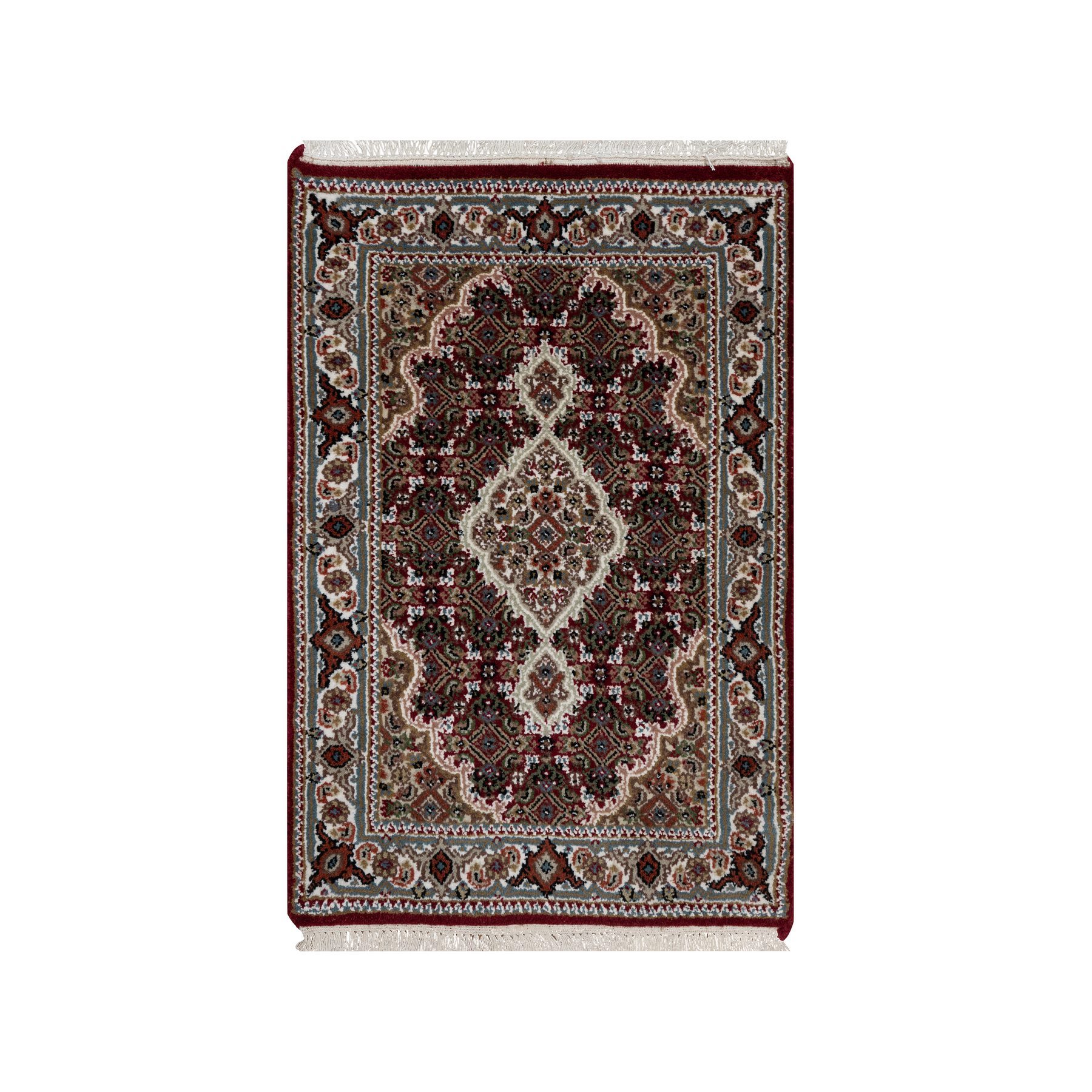 2'x3' Carmine Red, Tabriz Mahi with Fish Medallion Design, Soft Wool, Hand Knotted, Densely Woven, Mat, Oriental Rug